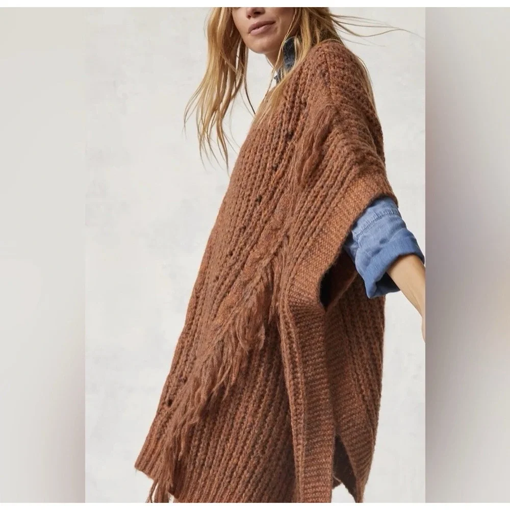 Anthropologie OS Oversized Marled Fringe Knit Poncho